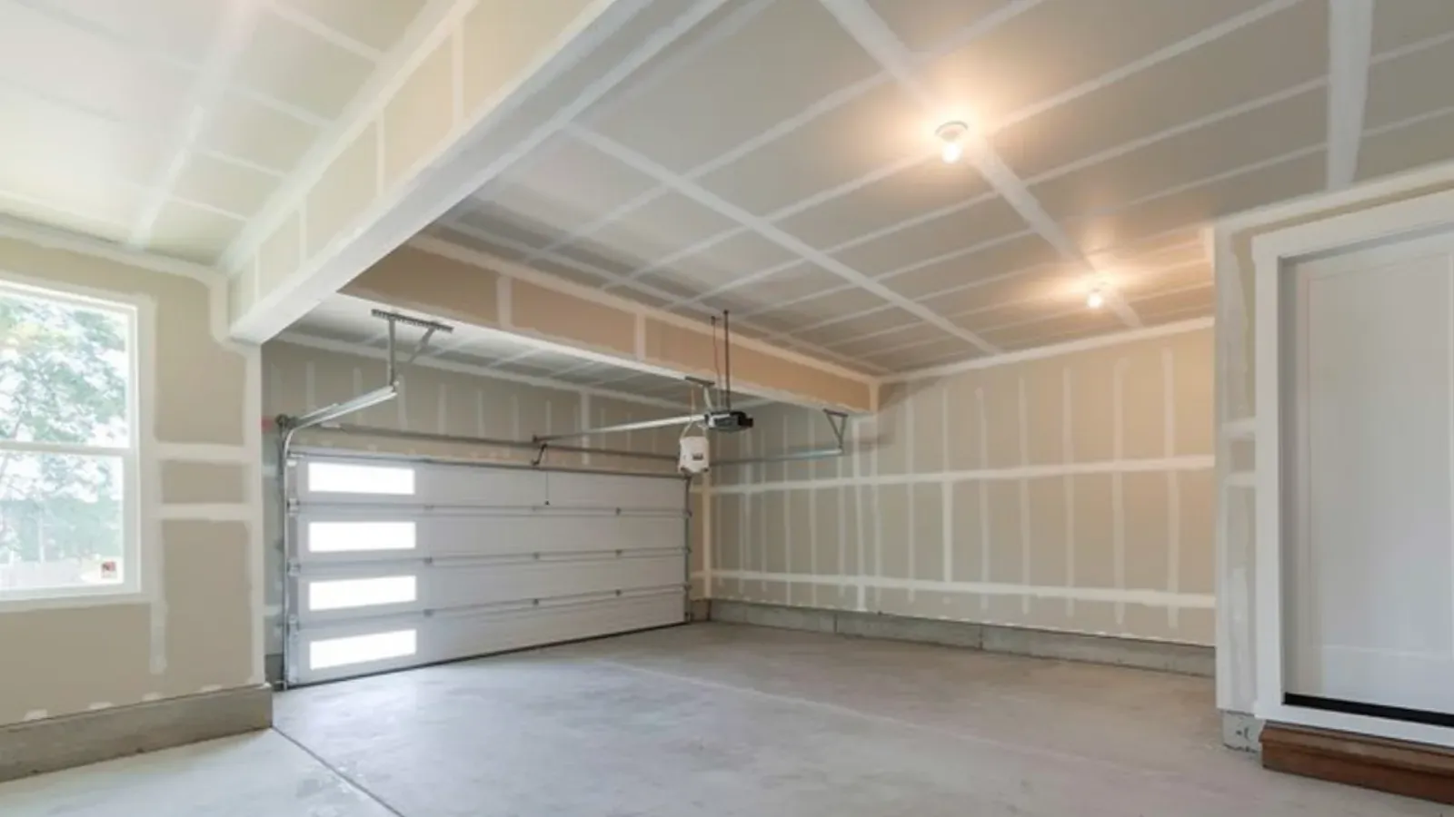 Garage interior with the walls and ceiling drywalled and taped, overhead door closed and a door through to the house