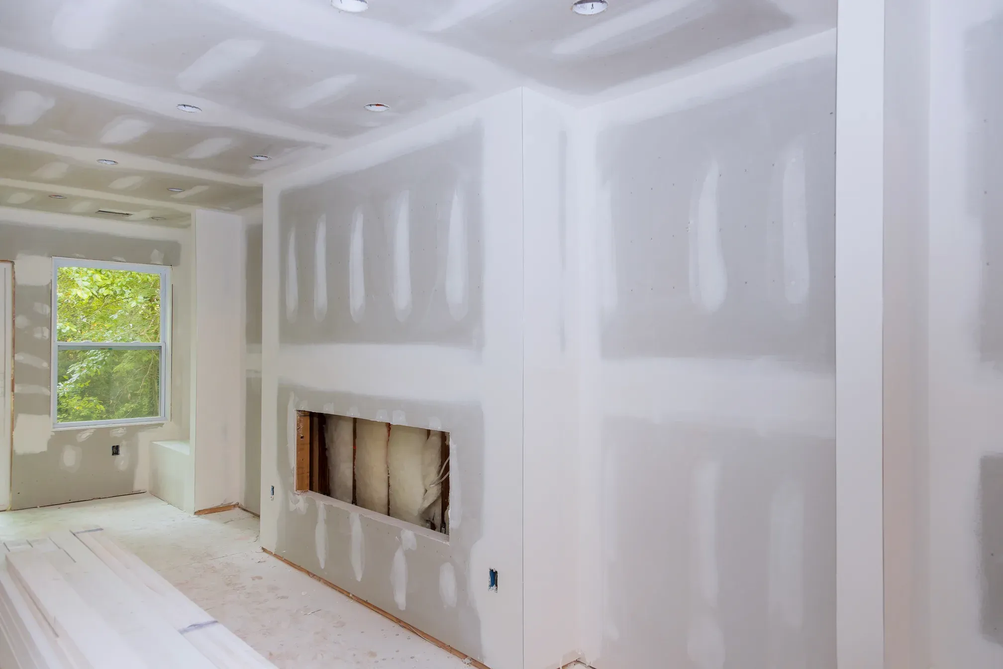 Interior with taped and sanded drywall walls and ceiling, a framed fireplace opening with exposed insulation, recessed cans, and a window onto green trees