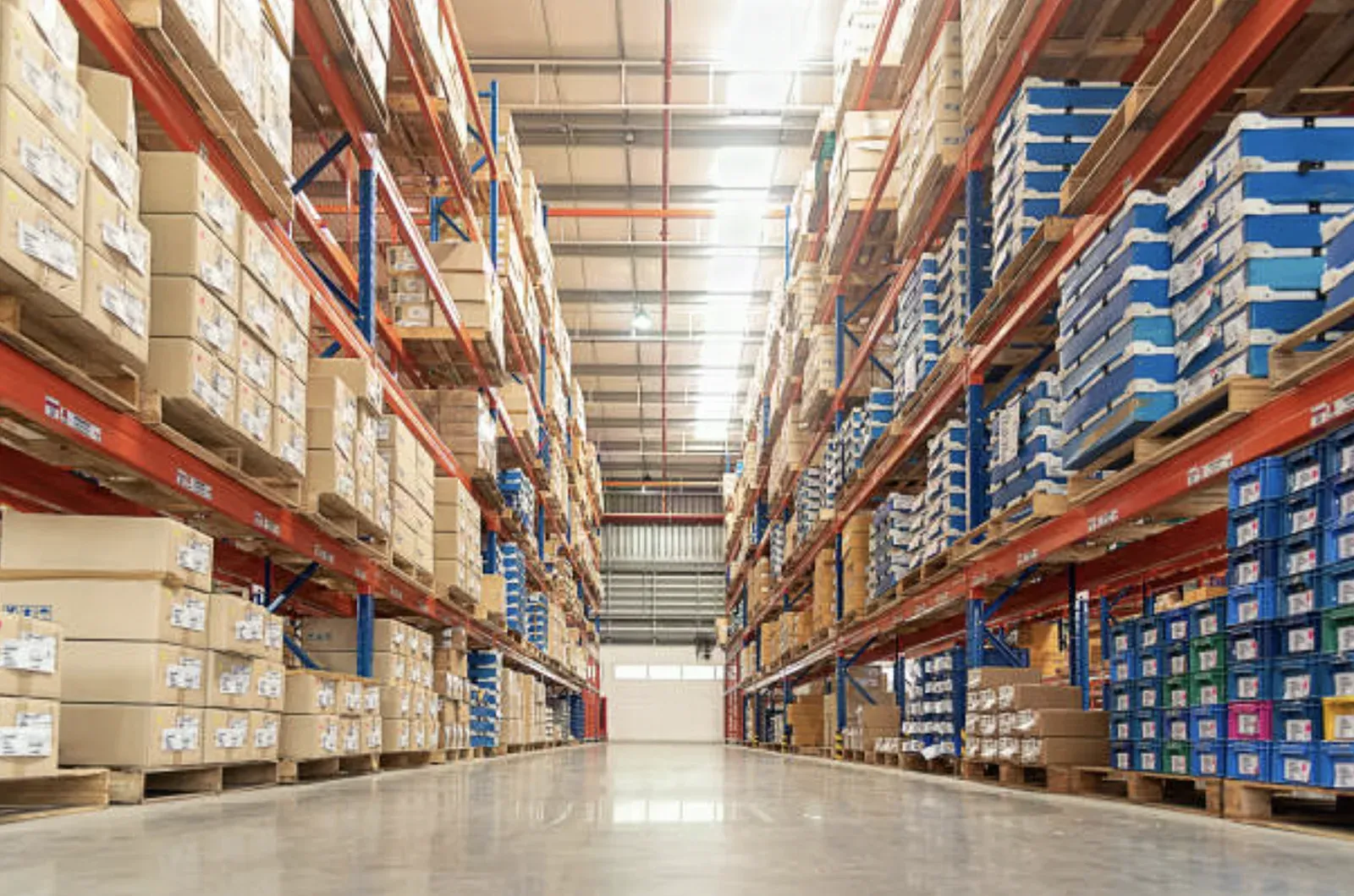Long warehouse aisle flanked by high pallet racking loaded with boxes and bins, leading to a white end wall and overhead door